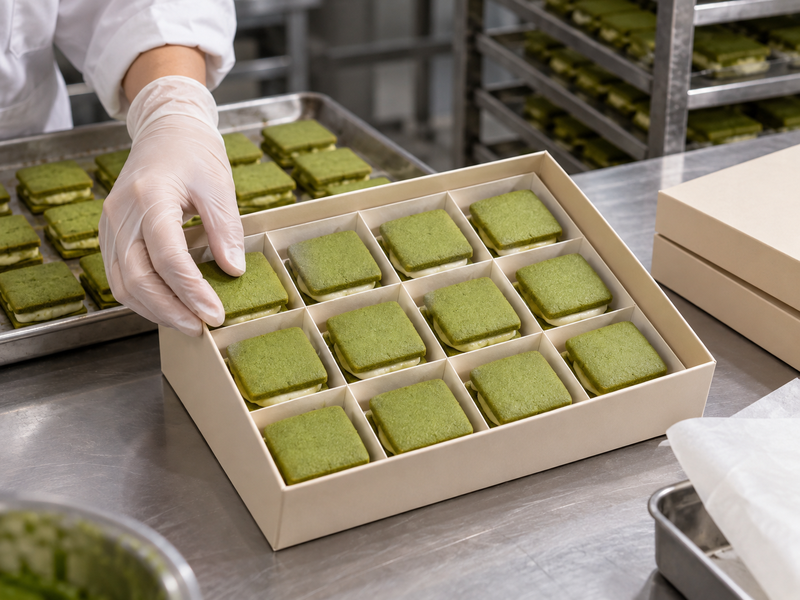 Paired green sandwich cookies arranged in separate compartments of a plain bakery box
