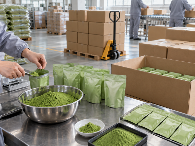 matcha wholesale usa: Wide Chinese export packing floor with unmarked matcha cartons and separate sample packs prepared for a US wholesale order
