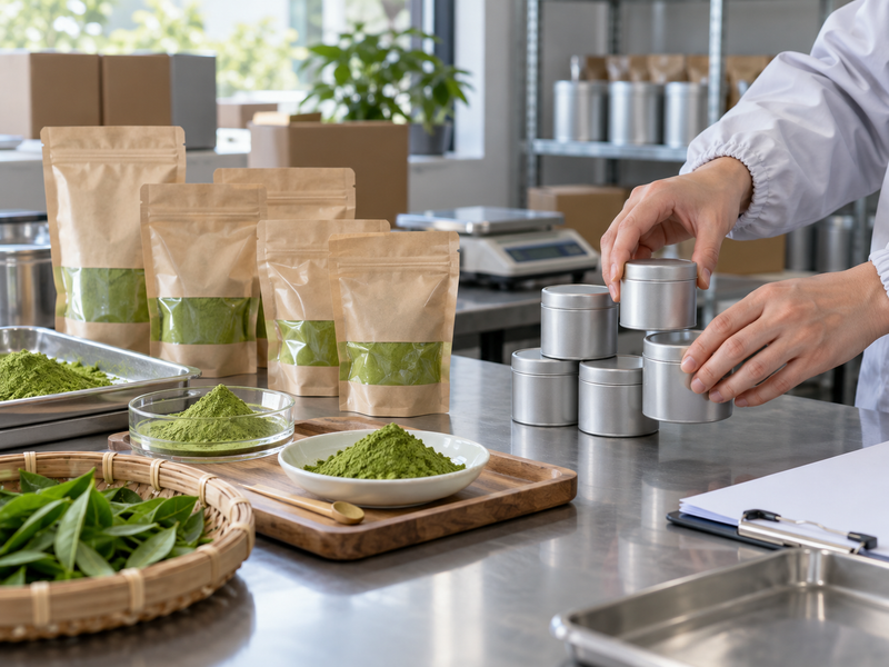 matcha wholesale usa: plain matcha tins and bulk samples on a Chinese procurement bench