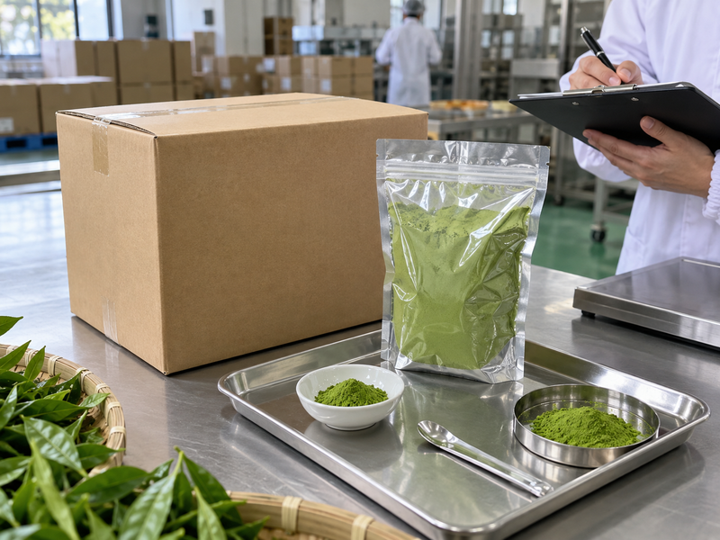 matcha wholesale usa: sealed supplier sample and plain ingredient carton in an inspection tray