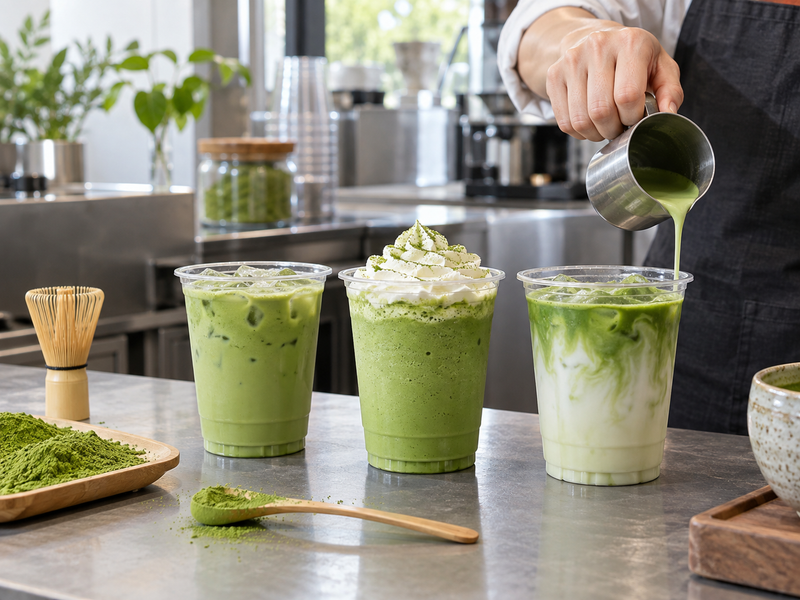 matcha wholesale usa: identical green beverage samples at a Chinese café application bench