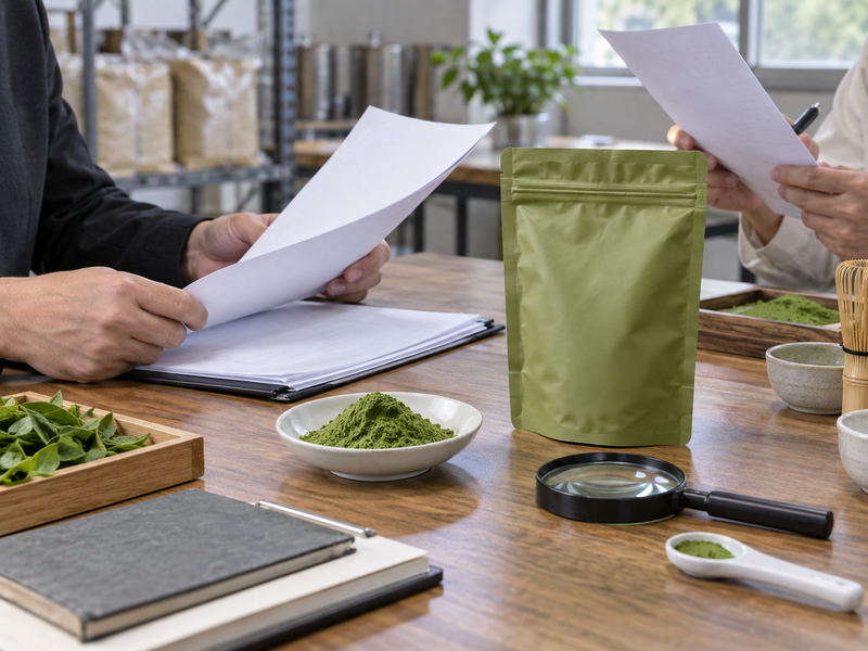 matcha wholesale usa: unmarked report papers and sealed powder pouch at a quality review bench