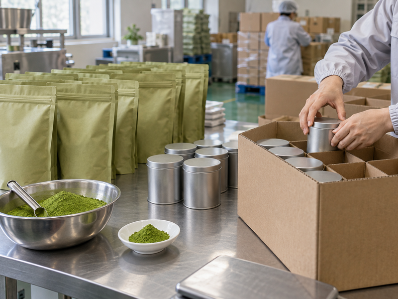 matcha wholesale usa: plain wholesale pouches and service tins at a consolidation table