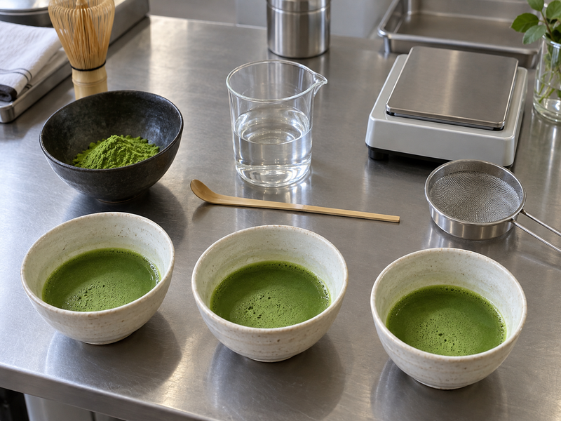Usucha tasting bowls beside a powder scale, sifter and water beaker