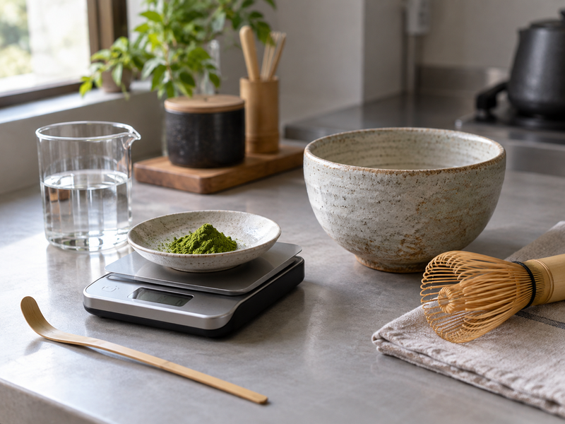 Usucha powder portion beside measured water and a ceramic bowl