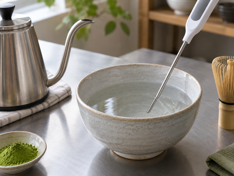 Water temperature check in an usucha bowl before adding tea