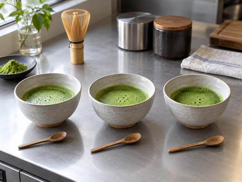 Three usucha bowls prepared for a controlled tasting