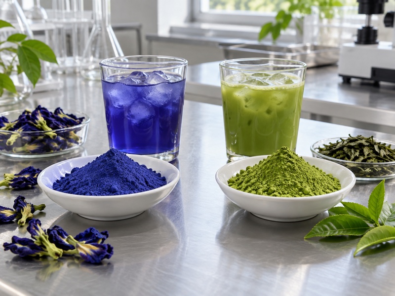 Blue butterfly pea powder and green matcha powder shown side by side