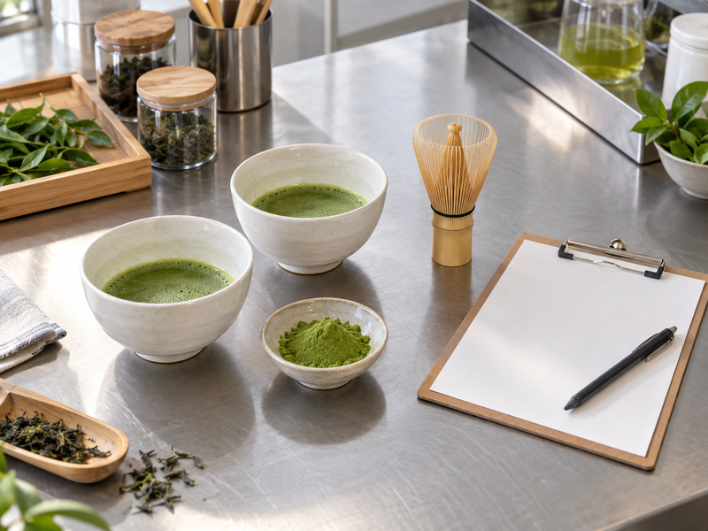 Ceremonial grade matcha supplier brief with separate service bowls