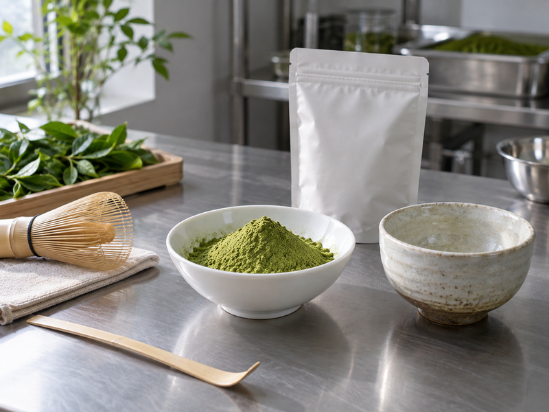 Ceremonial grade matcha supplier blend sample for a bowl-service role