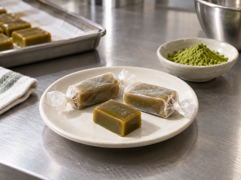 matcha caramel product and application sample