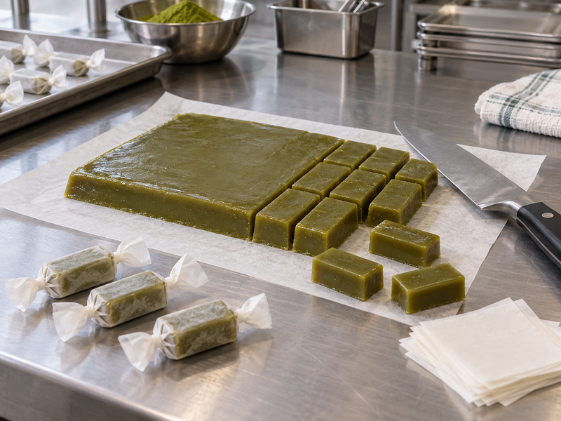 Matcha caramel slab cut into rectangles beside plain candy wrappers