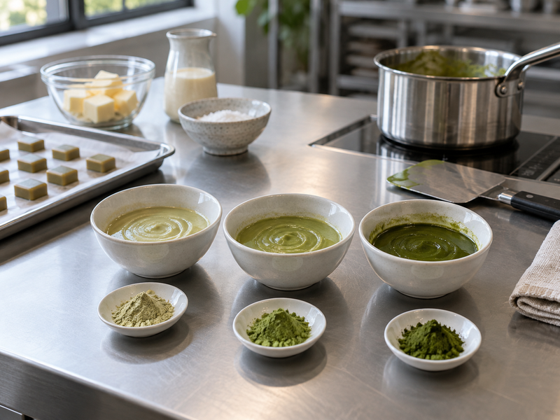 Small matcha caramel formula samples with measured powder portions