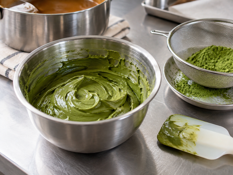 Smooth matcha and cream mixture prepared for caramel dispersion
