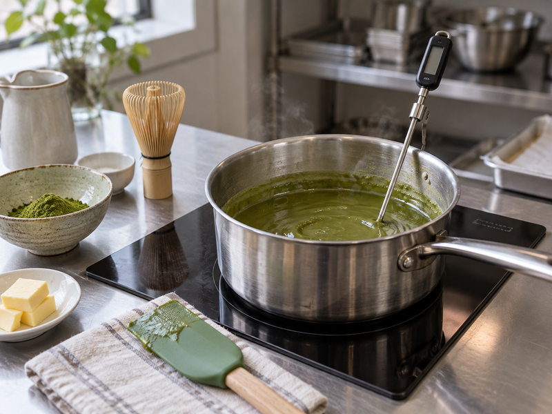 Matcha caramel cooking in a saucepan with a candy thermometer