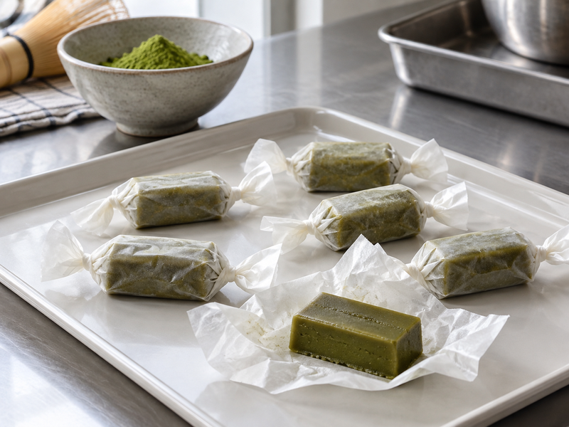 Wrapped and unwrapped matcha caramel pieces for a wrapper release check