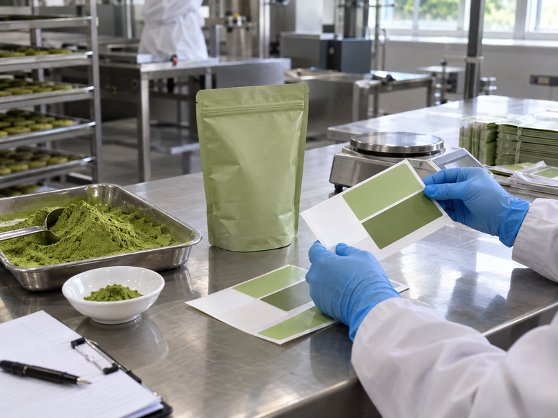 Matcha labeling proof beside a sealed powder pouch and lot records
