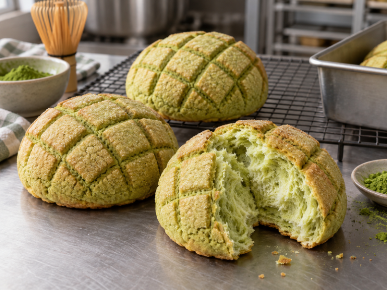 Fresh matcha melon pan in a bakery