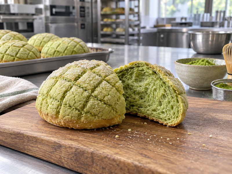 Matcha melon pan with a patterned cookie cap and soft green bread inside