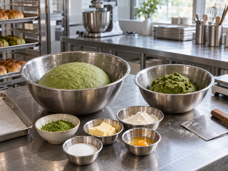 Separate bowls of green bread dough and matcha cookie dough beside weighed ingredients