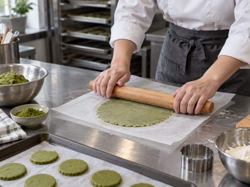 A baker rolling green cookie-cap discs to an even thickness on a pastry bench