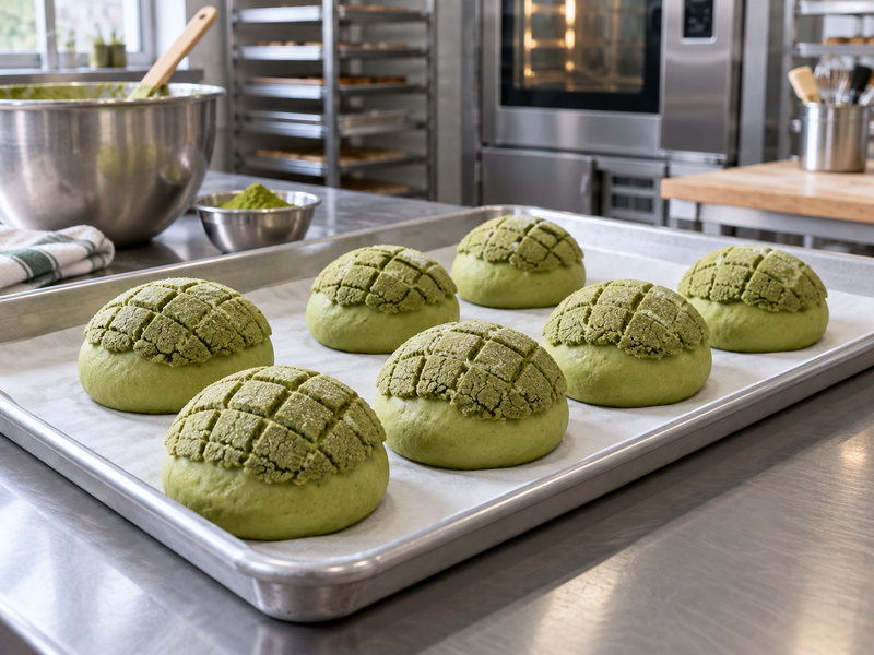Proofed matcha melon pan buns with scored cookie caps arranged on a bakery tray
