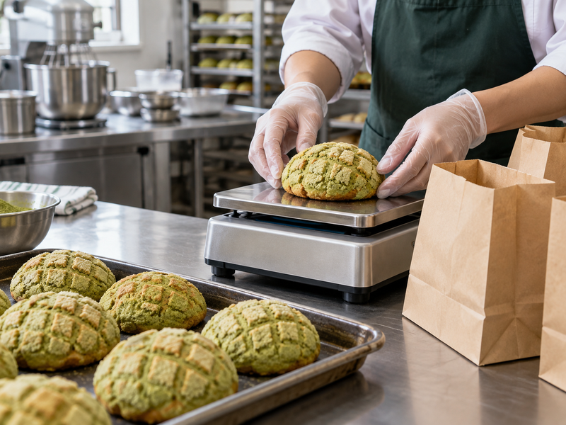 Finished matcha melon pan buns being weighed and placed in plain takeaway bags