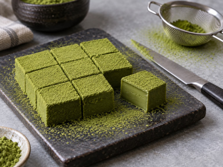 Matcha nama chocolate squares with a fine green tea finish