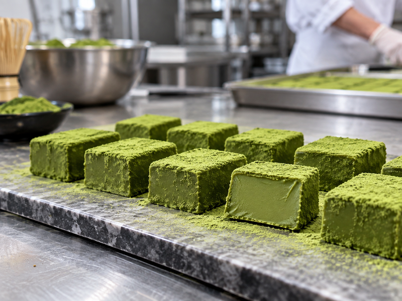 Small matcha nama chocolate squares with smooth green centers and a light tea dusting