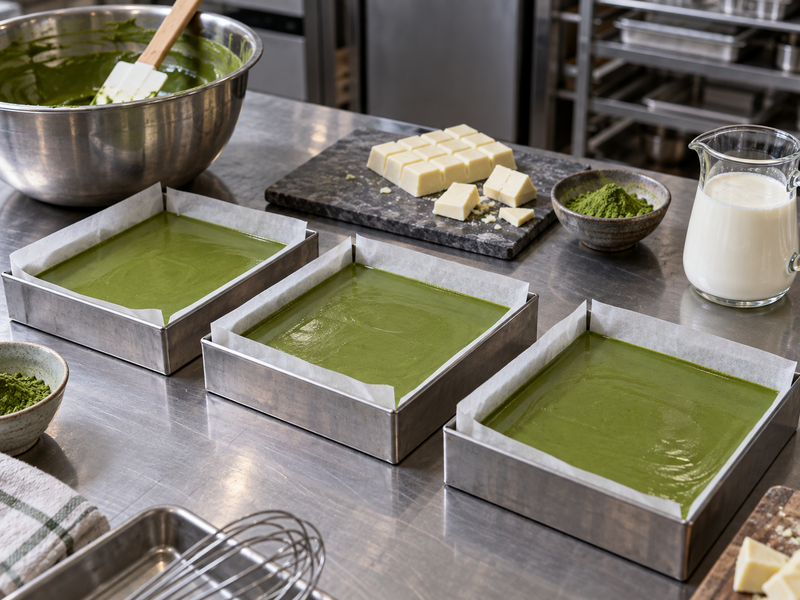 Three small shallow trays of green chocolate mixture prepared for a texture comparison