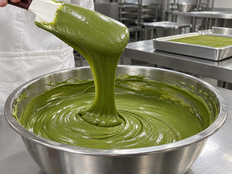A spatula lifts a ribbon of smooth green chocolate mixture from a stainless bowl