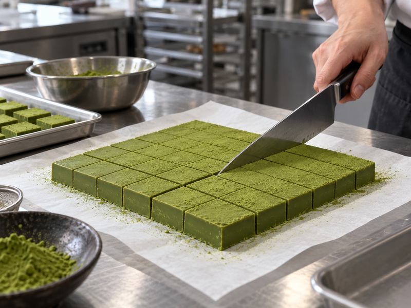 A clean dry knife cuts a chilled green nama chocolate slab into even small squares