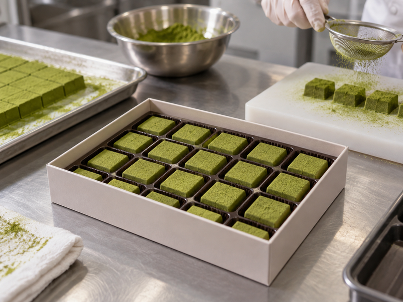 Small green nama chocolate squares sitting separately in a plain confectionery insert