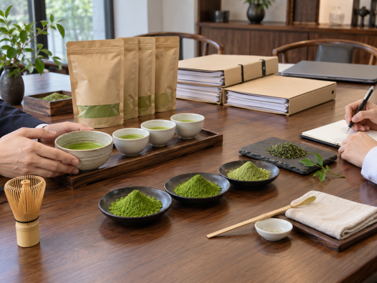 matcha wholesale japan: Wide split-level still life of Chinese matcha export samples, plain origin document folders and a tea tasting set in a Chinese supplier meeting room