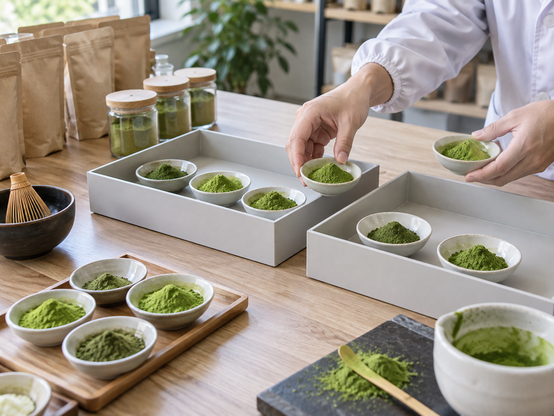 matcha wholesale japan: separate matcha sample trays prepared for origin-specific purchasing review