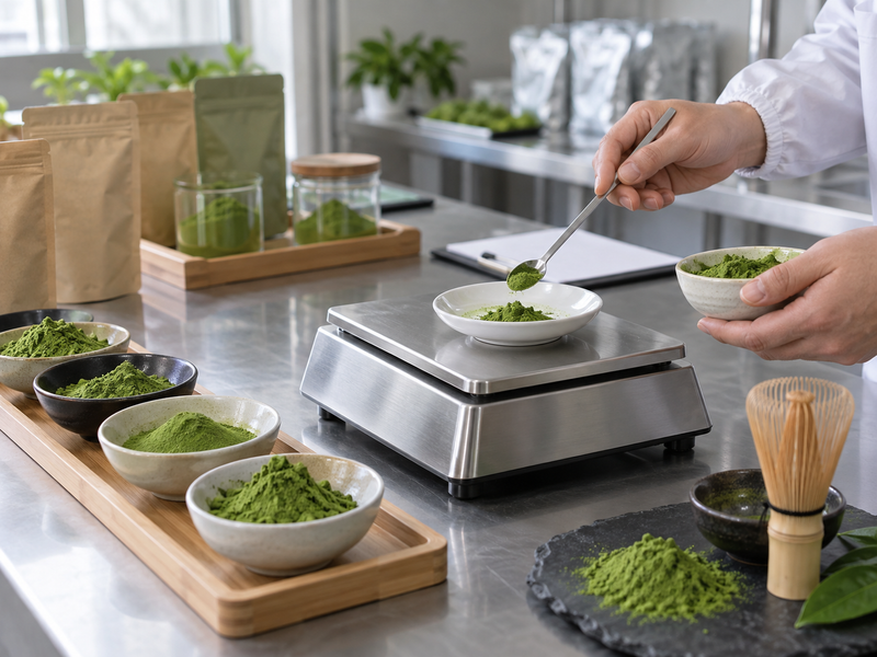 matcha wholesale japan: adult hands weighing a sample for an origin-aware product comparison