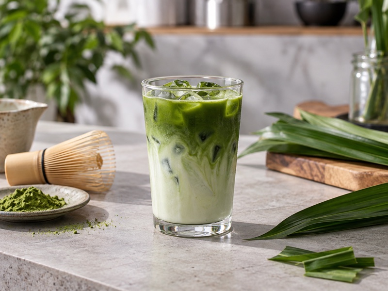 A layered iced pandan matcha latte with real pandan leaves on a café test bench
