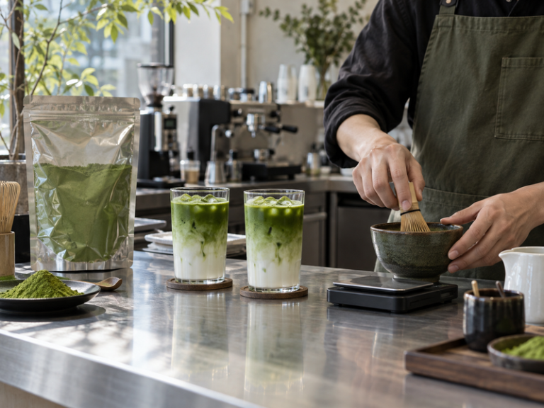 Cafe trial with two matcha lattes and a bulk ingredient pouch