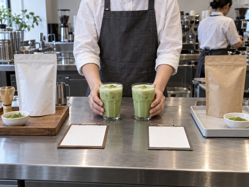 Controlled cafe drink comparison before changing the supplied matcha