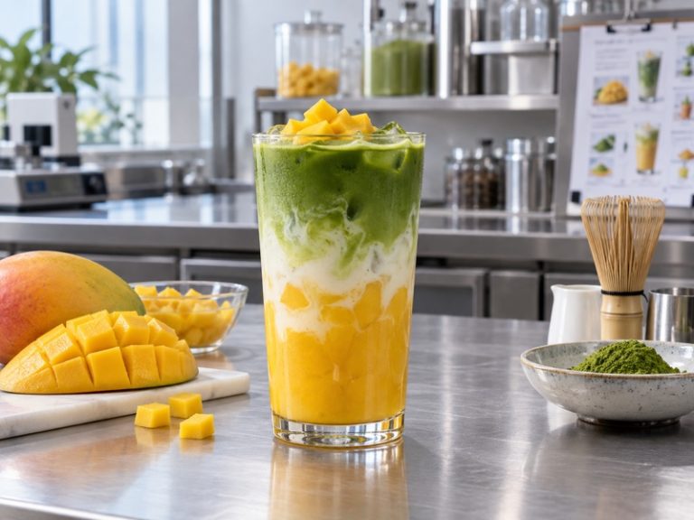 Iced mango matcha latte with real mango on a café development counter