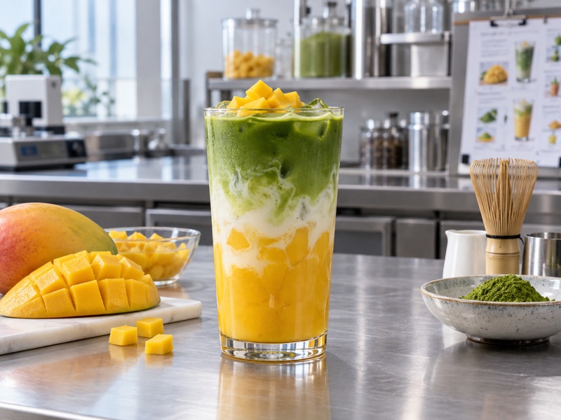 Iced mango matcha latte with real mango on a café development counter