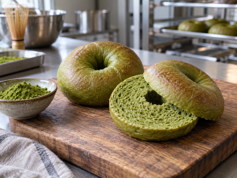 Fresh matcha bagels in a bakery