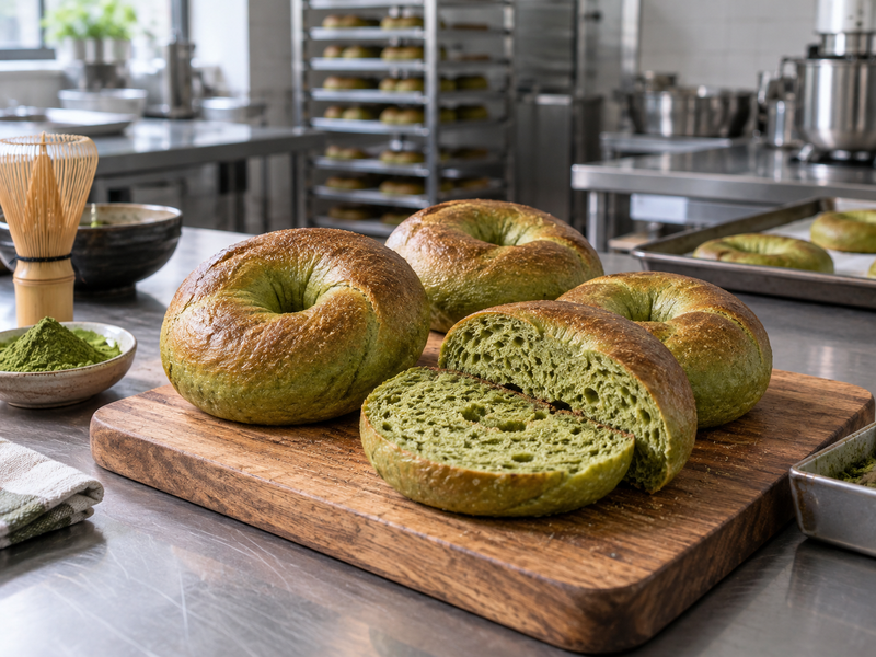 Matcha bagels with green cut crumb and lightly browned crusts