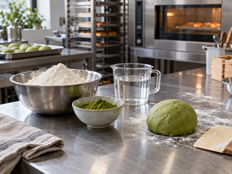 Weighed bread flour and matcha prepared for small bagel dough trials