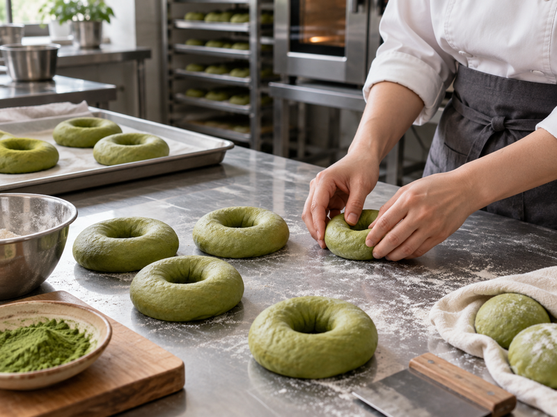 Hands shaping green bagel dough into evenly sized rings