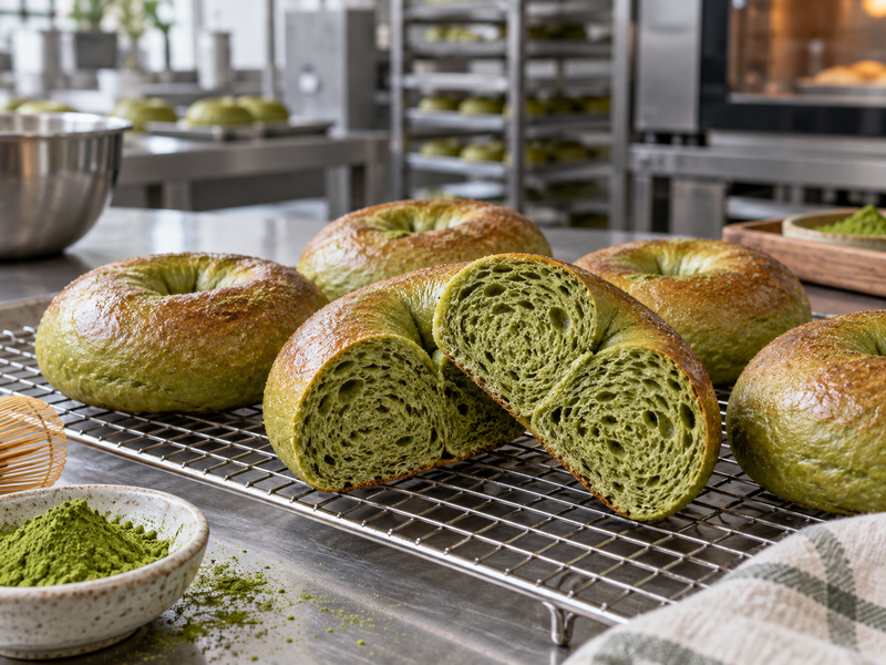 Cut matcha bagels on a rack showing green crumb and crust thickness