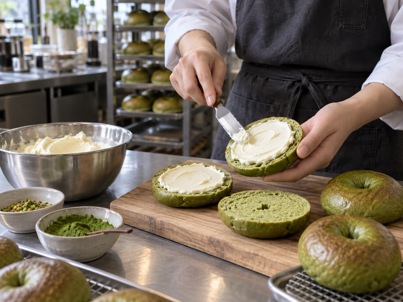 Sliced matcha bagels receiving measured cream cheese portions at a cafe counter