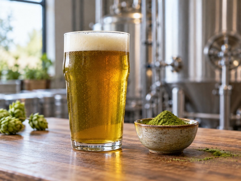A craft beer tasting glass with a subtle natural matcha tint on a brewer's bench