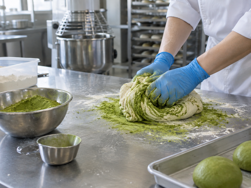Matcha dough being mixed in a commercial bakery trial