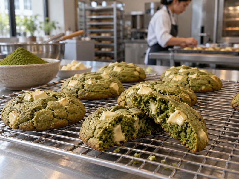 Baked matcha cookies with green centers and white chocolate pieces
